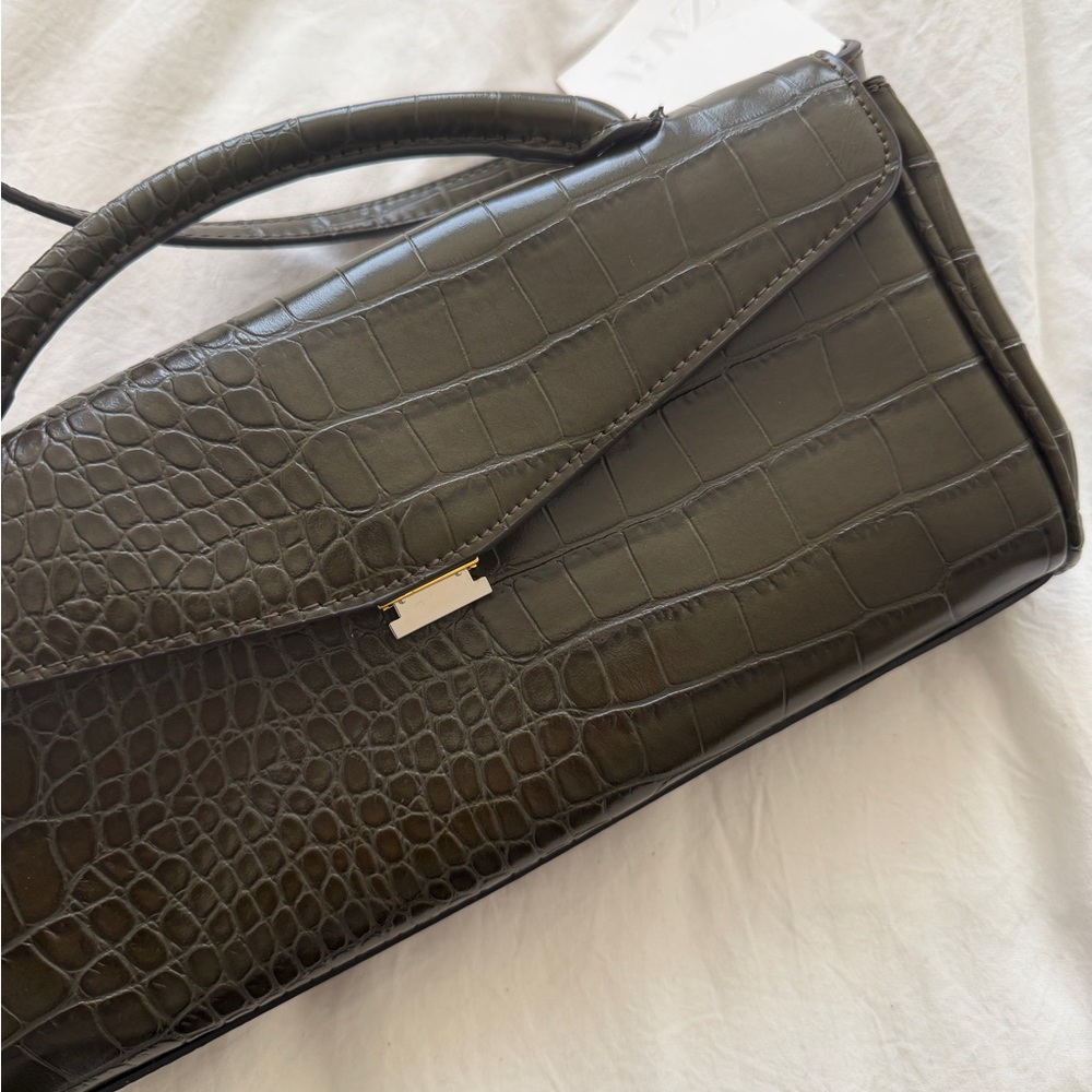 Zara Croc-Embossed Top-Handle Clutch Bag Olive